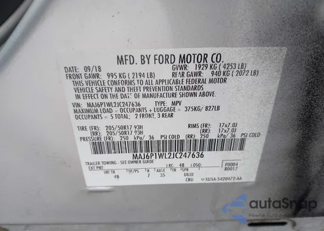 2018 Ford Ecosport Titanium z USA, uszkodzony, nr VIN MAJ6P1WL2JC247636